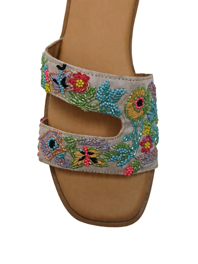 LUNA BLU Ivory Floral Embroidered Slip-On Sandals