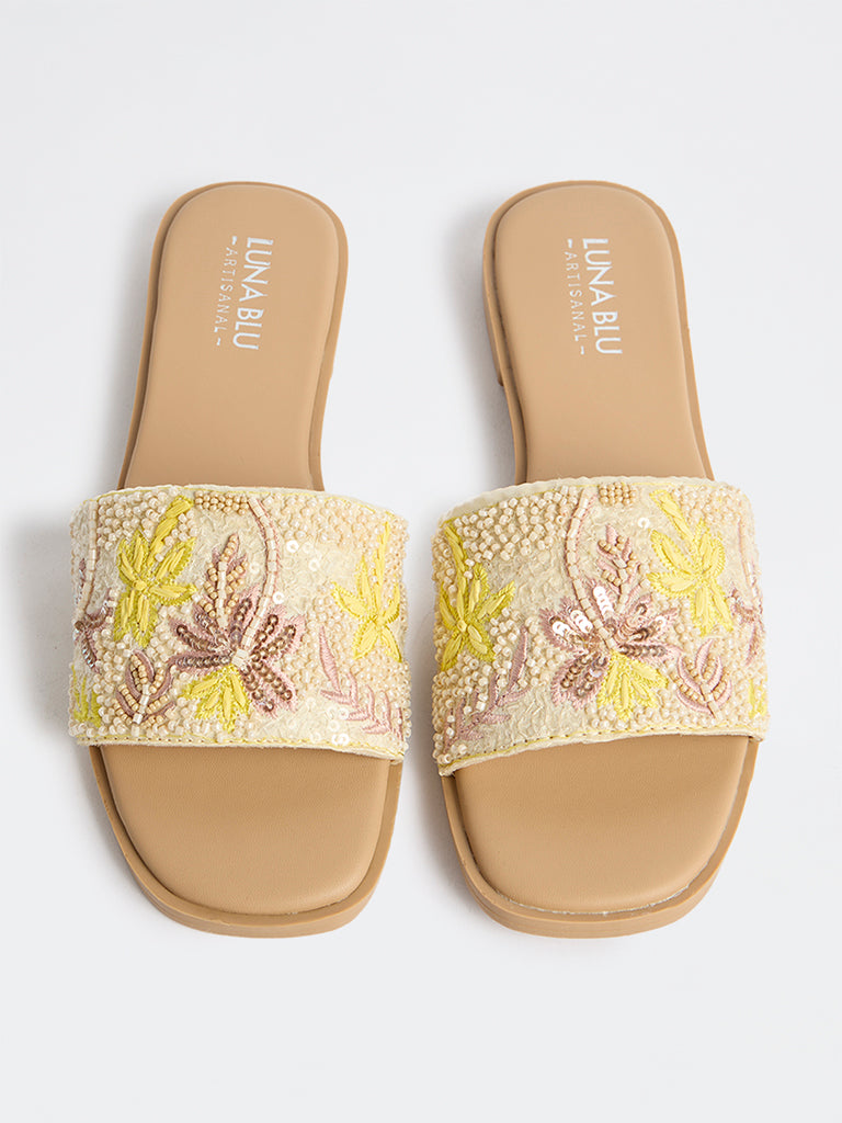 LUNA BLU Blush Pink Floral Embellished Slides