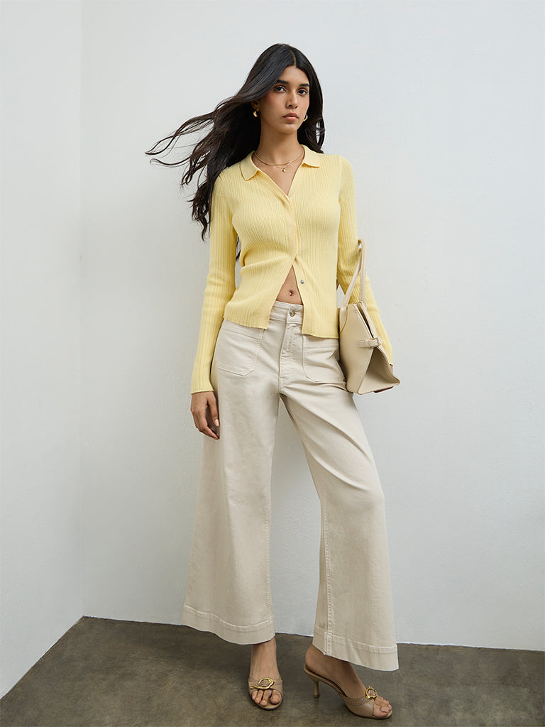 LOV Yellow Ribbed-Textured Cardigan