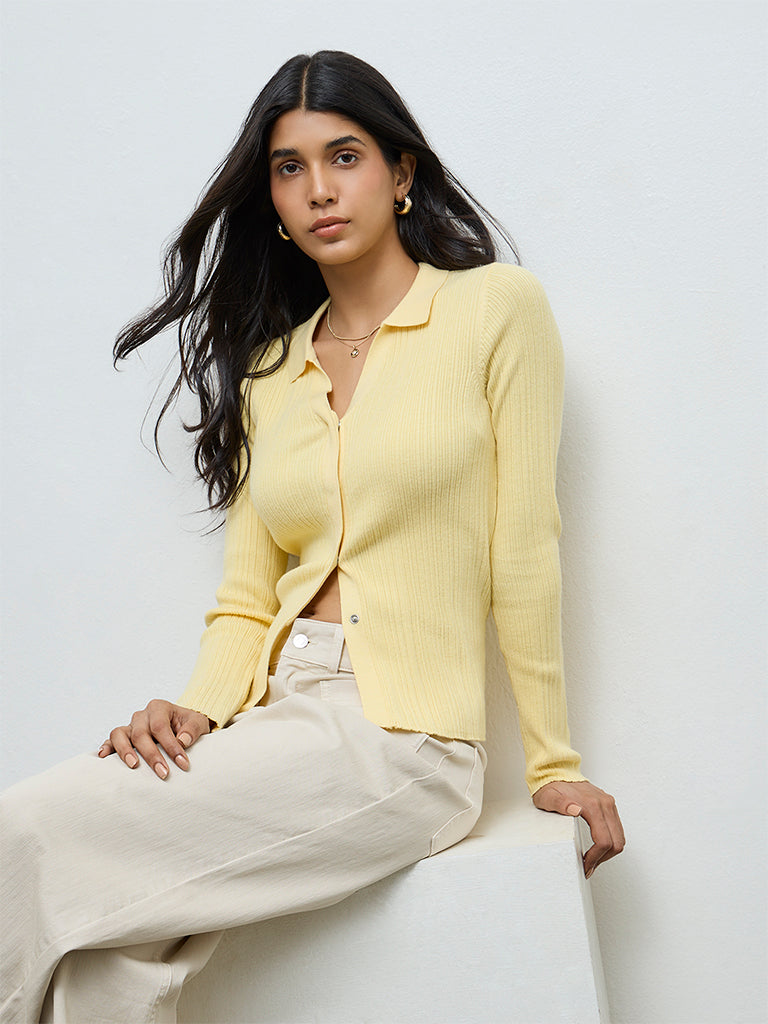 LOV Yellow Ribbed-Textured Cardigan