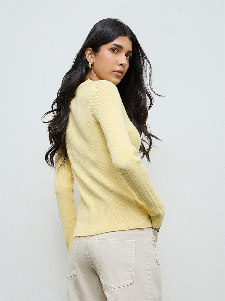 LOV Yellow Ribbed-Textured Cardigan