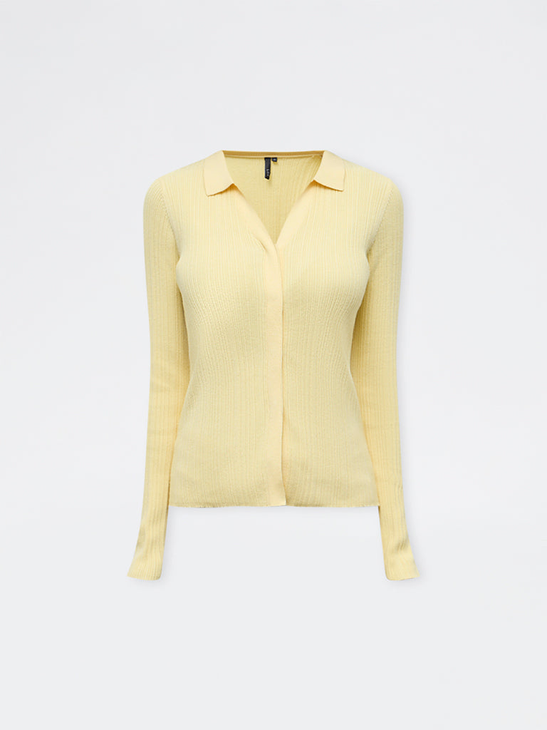 LOV Yellow Ribbed-Textured Cardigan