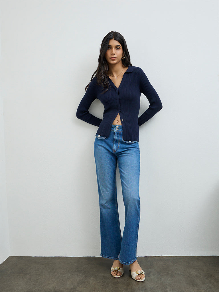 LOV Navy Ribbed-Textured Cardigan