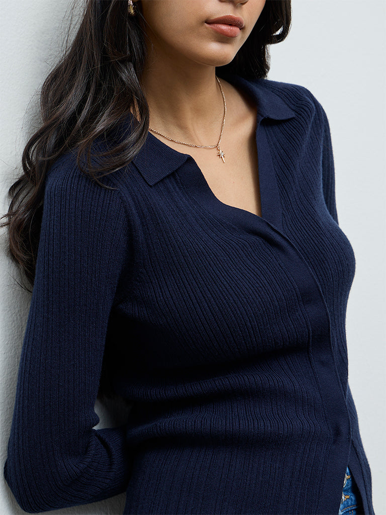 LOV Navy Ribbed-Textured Cardigan