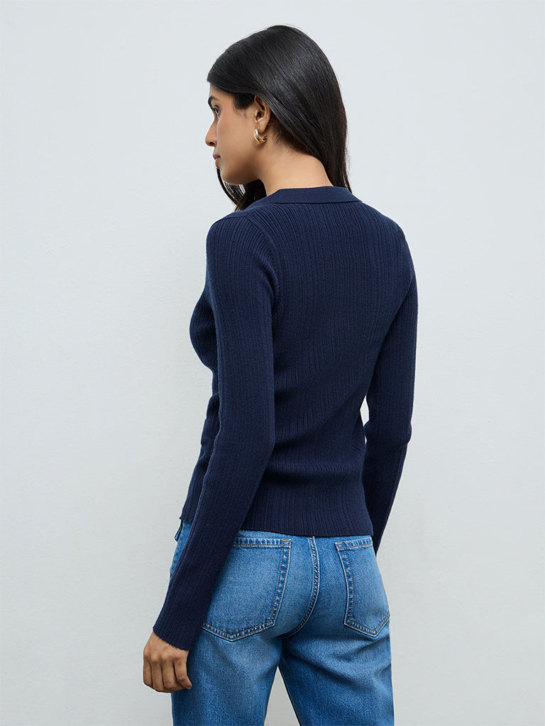 LOV Navy Ribbed-Textured Cardigan