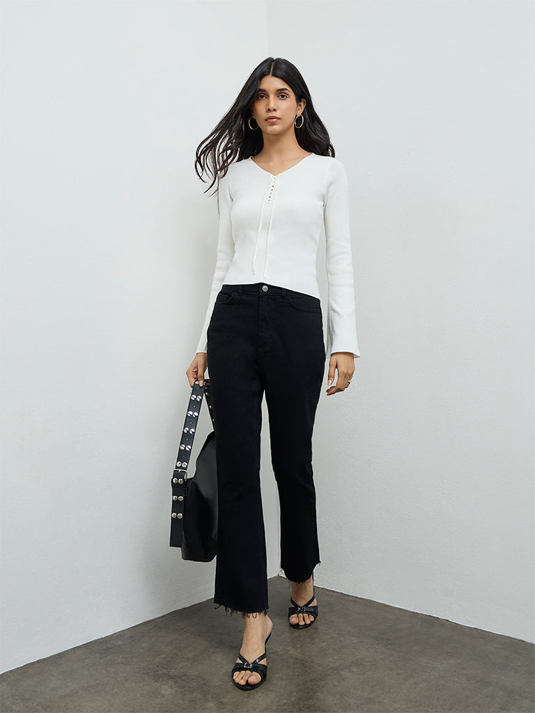 LOV White Ribbed-Textured Top