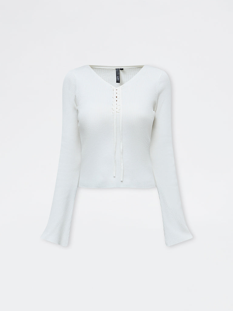 LOV White Ribbed-Textured Top