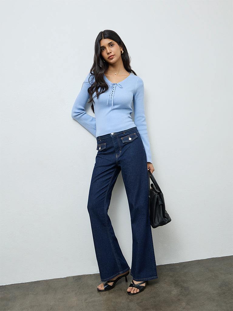 LOV Blue Ribbed-Textured Top