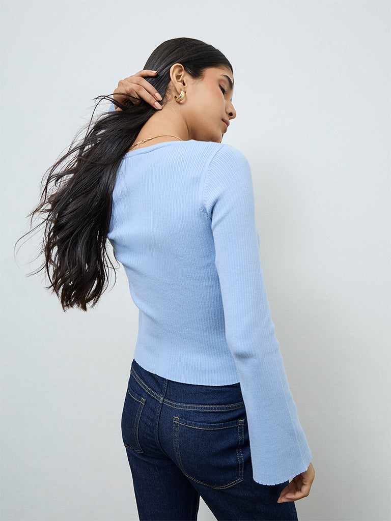 LOV Blue Ribbed-Textured Top