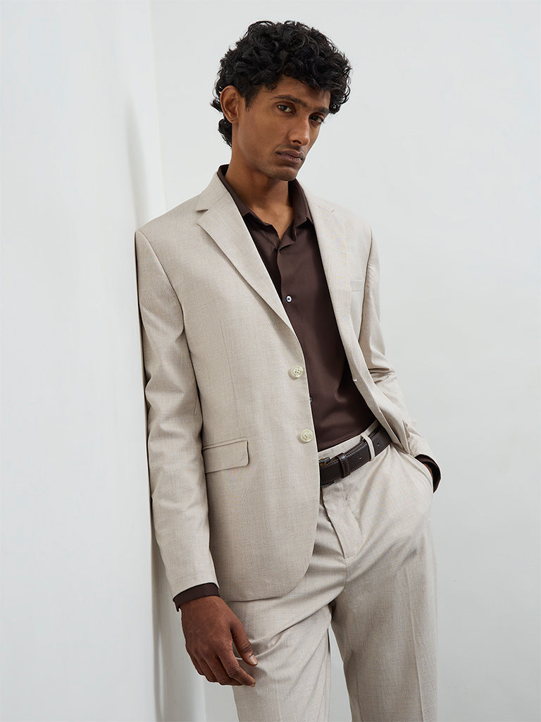 WES Formals Beige Checkered Slim-Fit Blazer