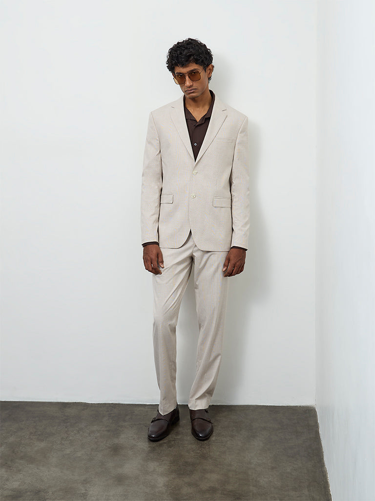 WES Formals Beige Checkered Slim-Fit Blazer