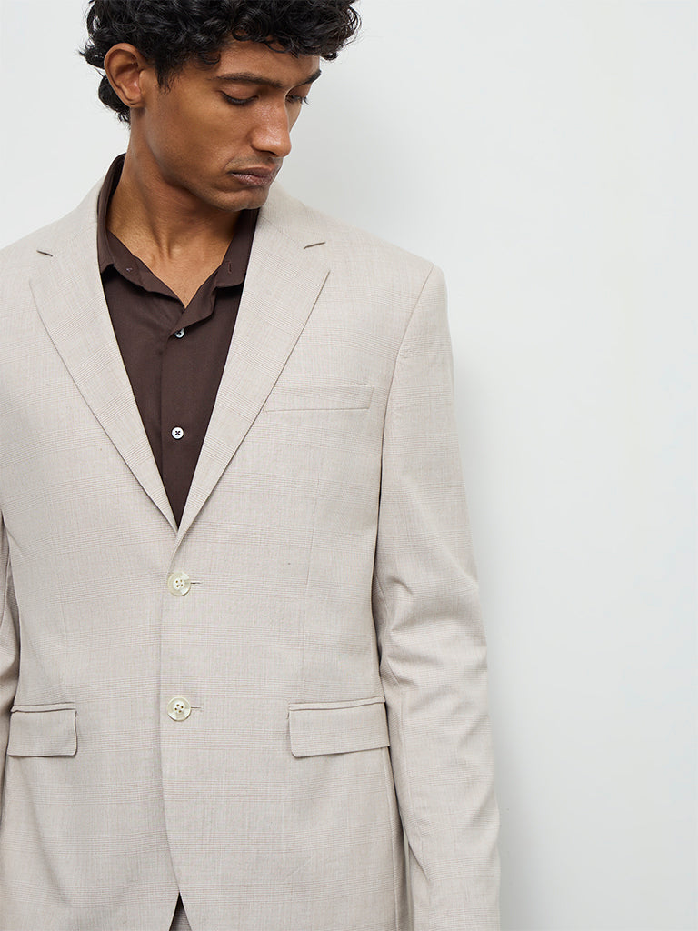 WES Formals Beige Checkered Slim-Fit Blazer