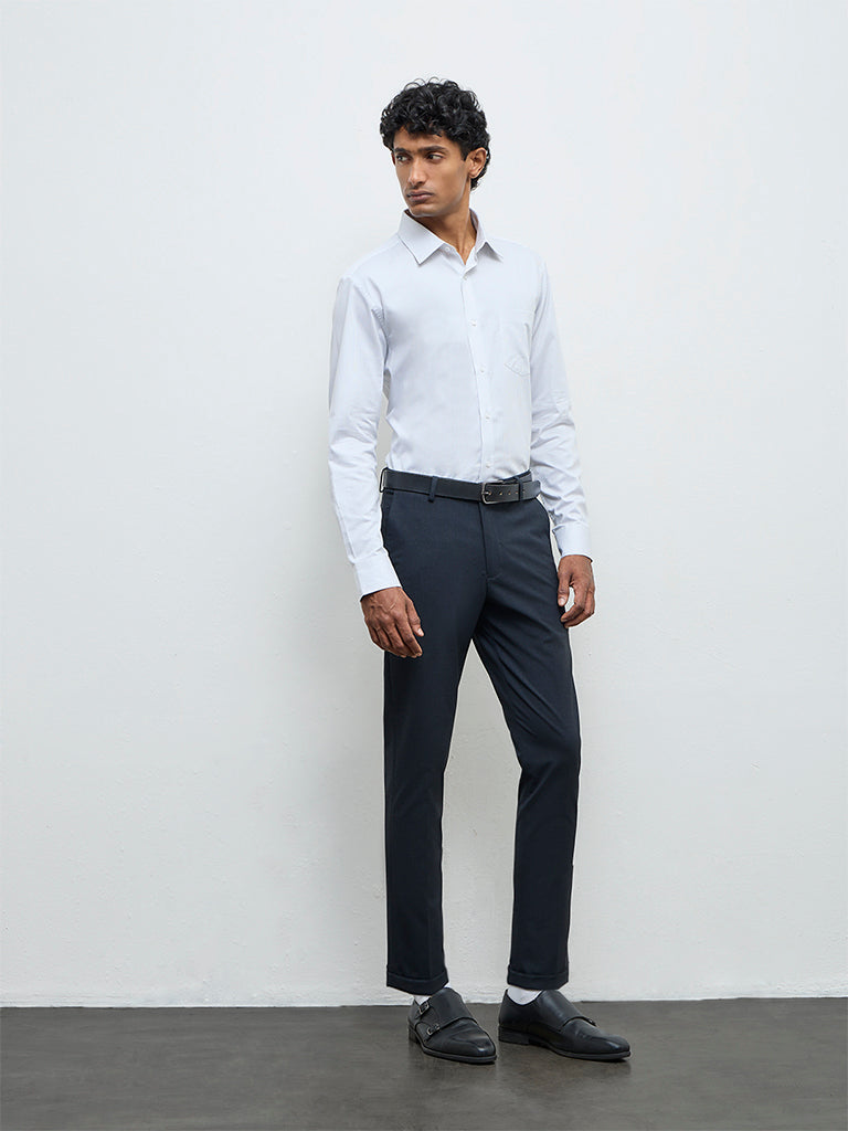 WES Formals Charcoal Textured Carrot Fit Mid-Rise Trousers