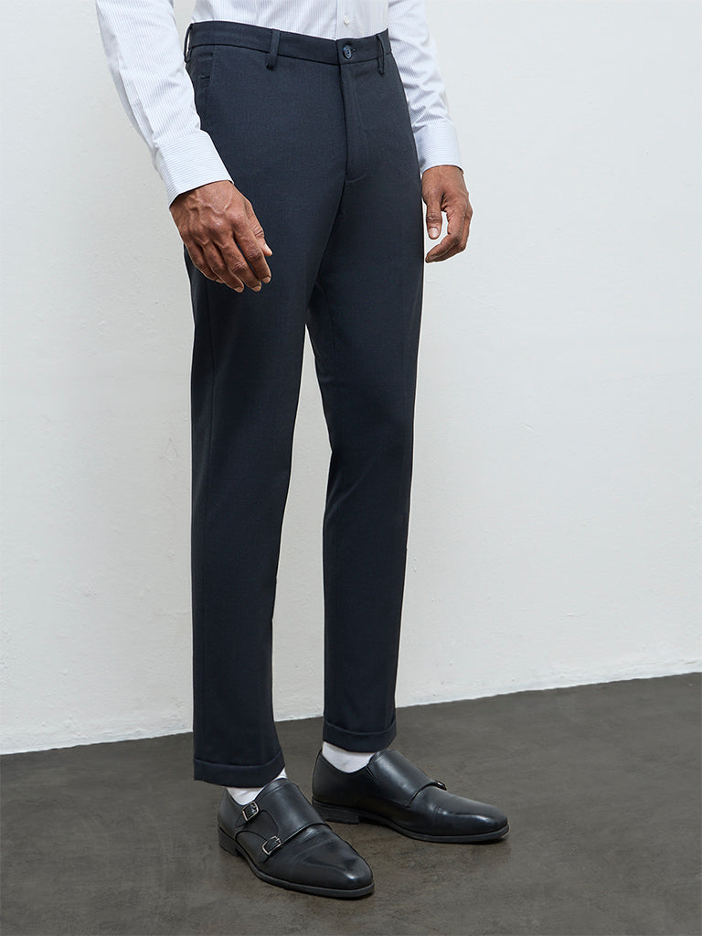 WES Formals Charcoal Solid Slim-Fit Mid-Rise Trousers