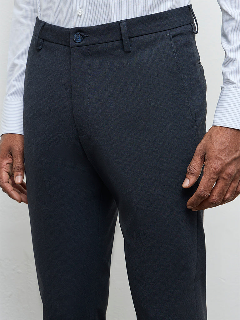 WES Formals Charcoal Solid Slim-Fit Mid-Rise Trousers