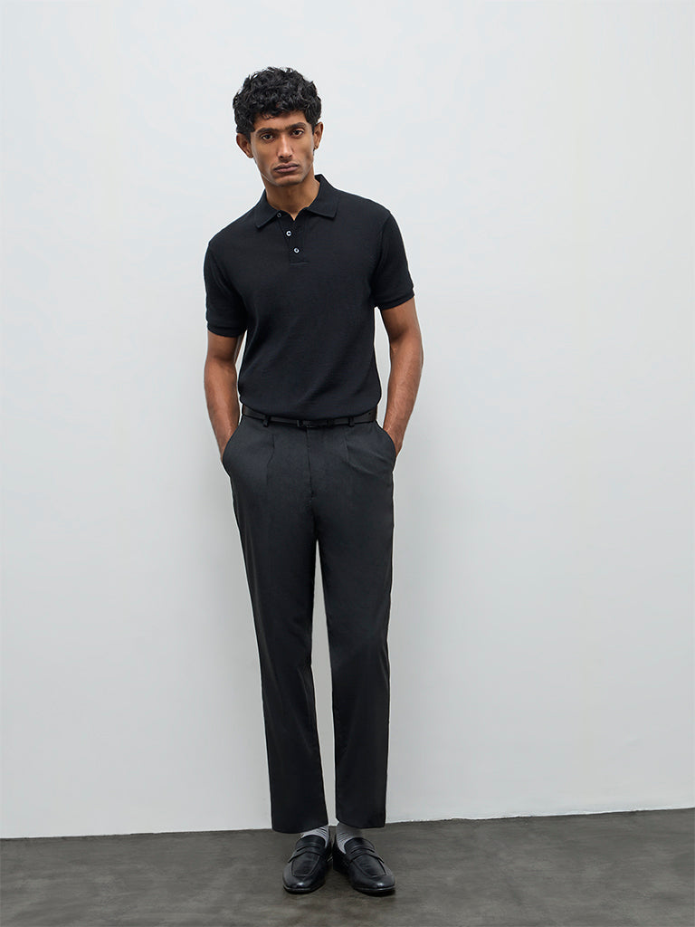 WES Formals Black Solid Slim-Fit Mid-Rise Trousers