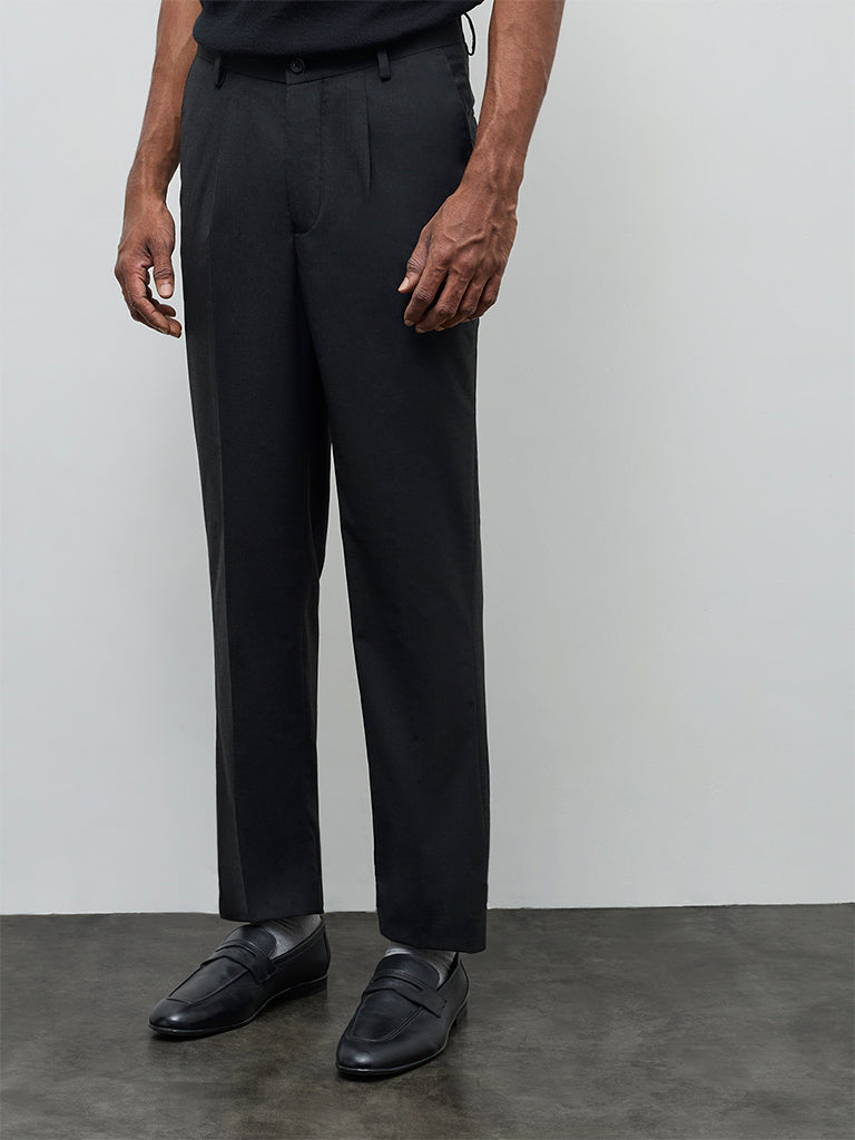 WES Formals Black Solid Slim-Fit Mid-Rise Trousers