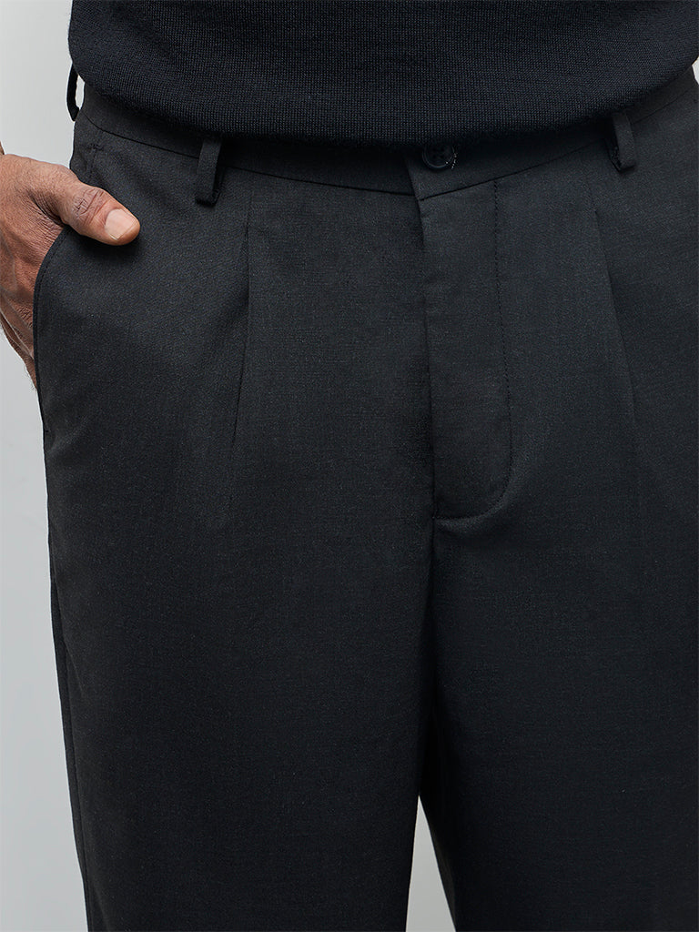 WES Formals Black Solid Slim-Fit Mid-Rise Trousers
