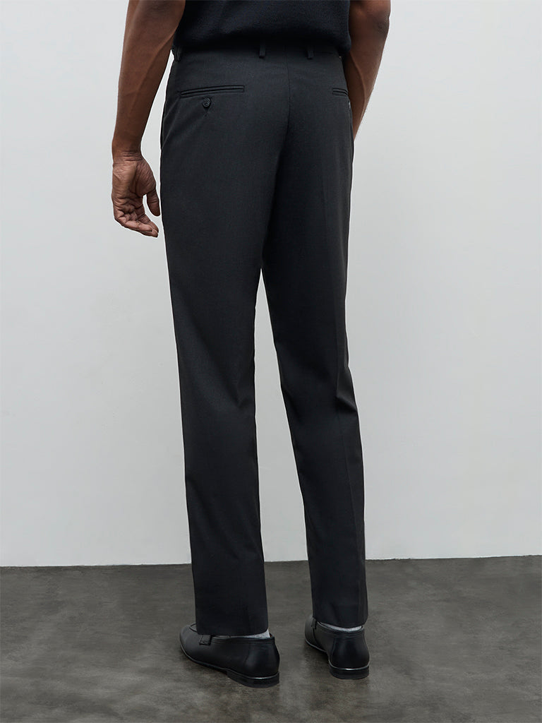 WES Formals Black Solid Slim-Fit Mid-Rise Trousers