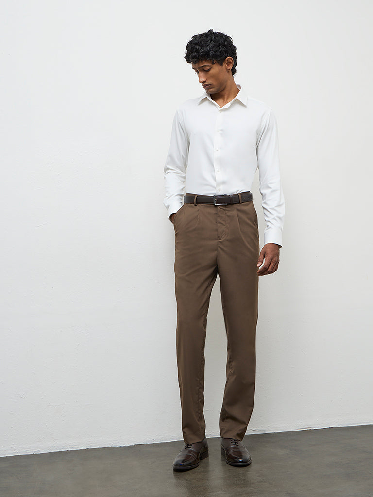 WES Formals Brown Relaxed-Fit Mid-Rise Trousers