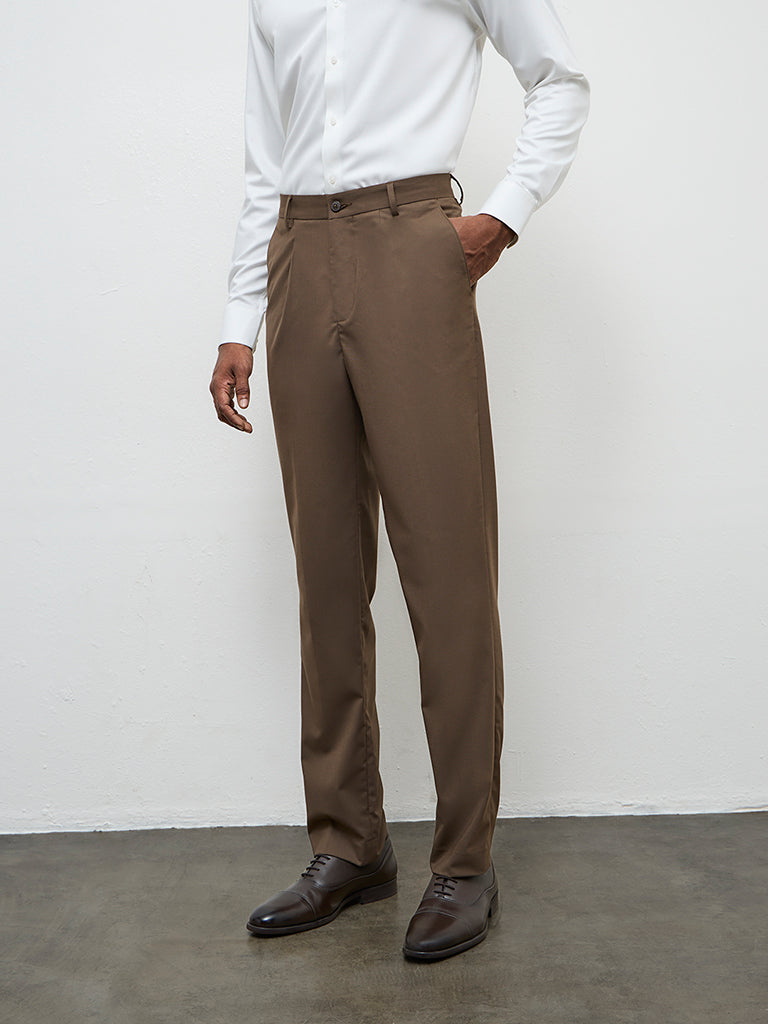 WES Formals Brown Relaxed-Fit Mid-Rise Trousers