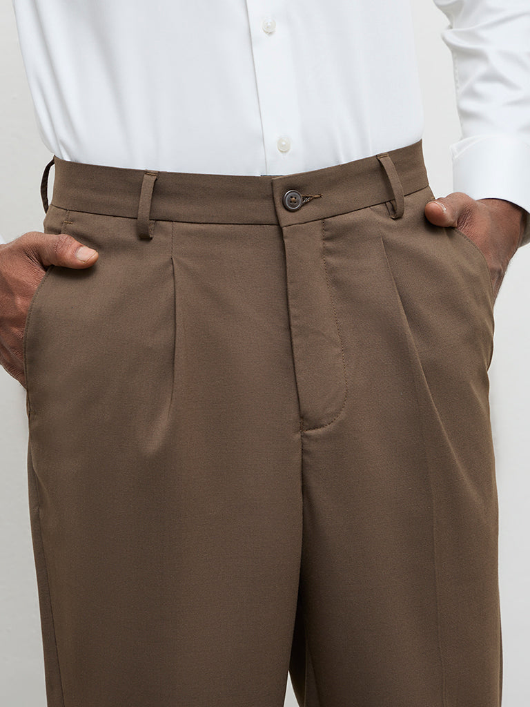 WES Formals Brown Relaxed-Fit Mid-Rise Trousers