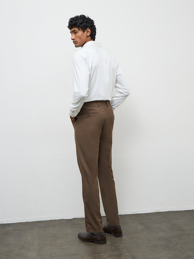 WES Formals Brown Relaxed-Fit Mid-Rise Trousers