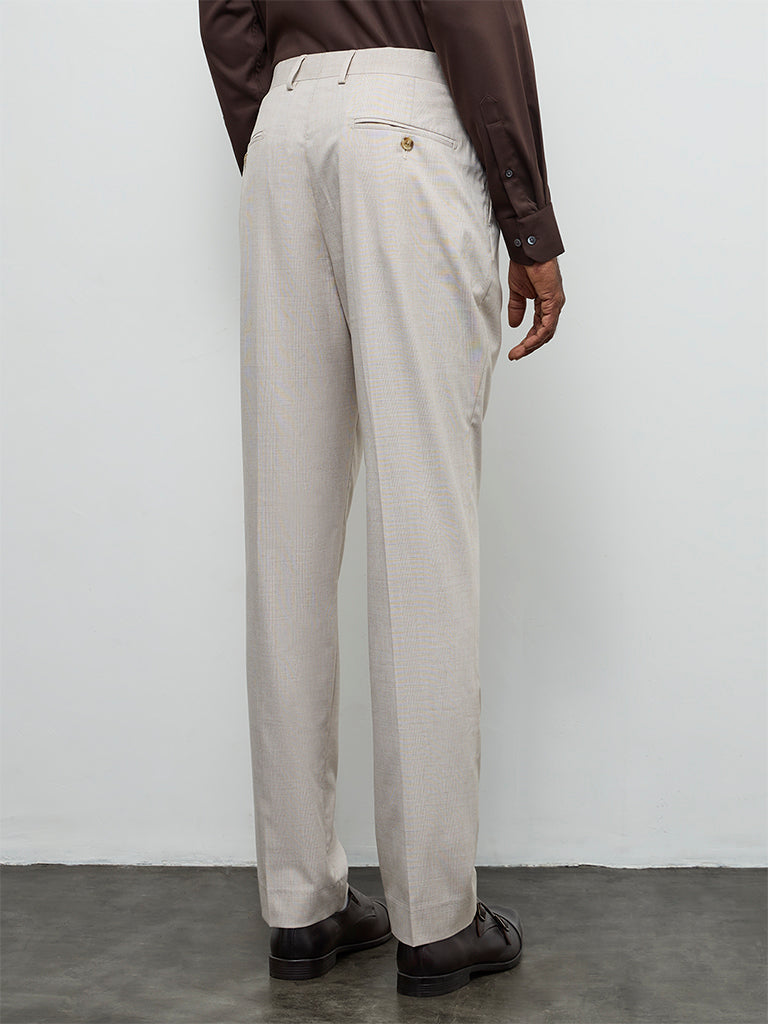 WES Formals Beige Checkered Relaxed-Fit Mid-Rise Trousers