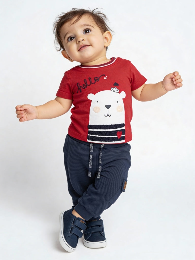 HOP Baby Boys Red Animal Design Cotton T-Shirt and Jogger Set