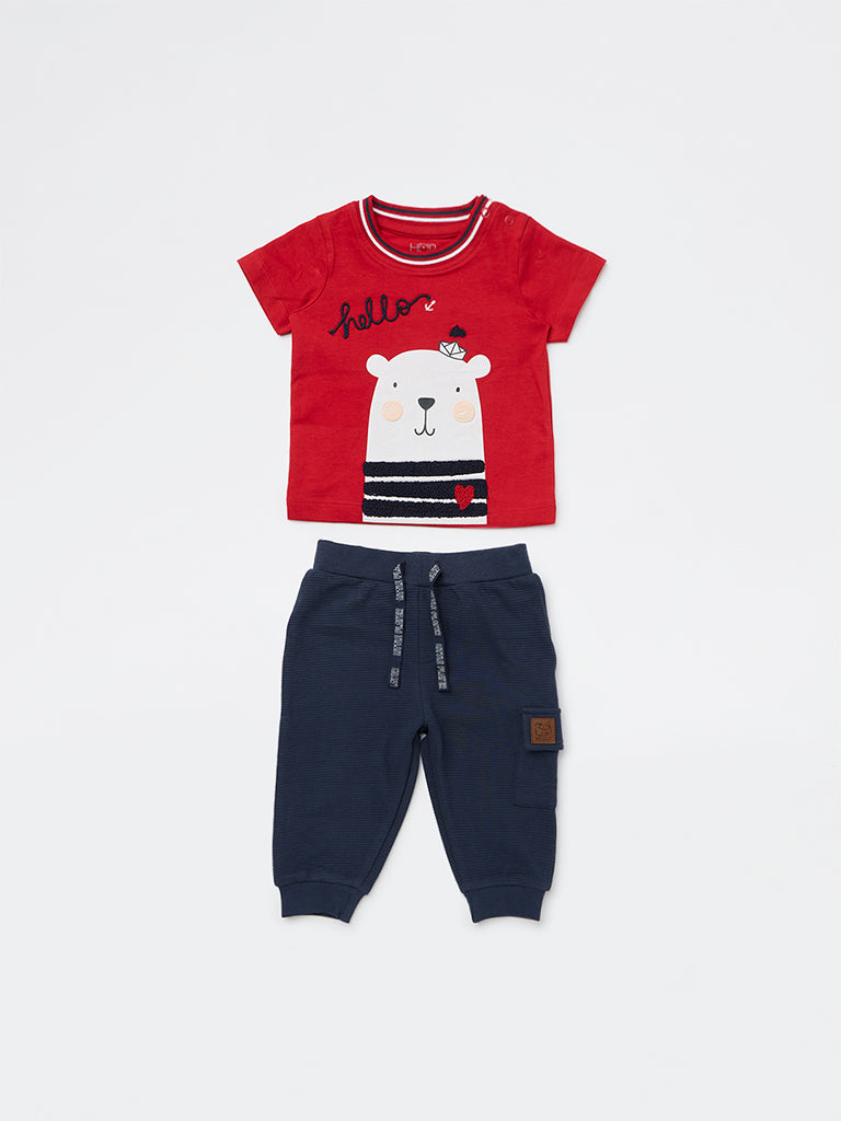 HOP Baby Boys Red Animal Design Cotton T-Shirt and Jogger Set