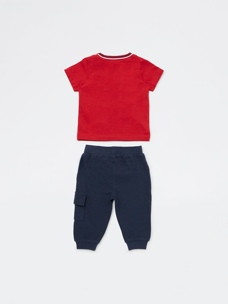 HOP Baby Boys Red Animal Design Cotton T-Shirt and Jogger Set