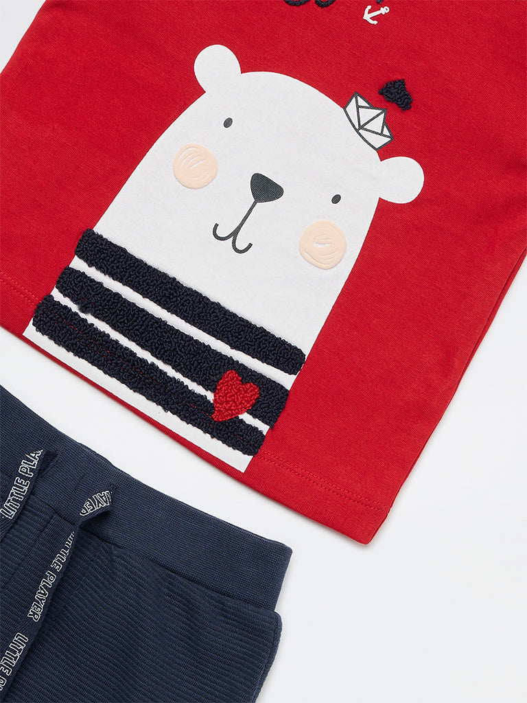 HOP Baby Boys Red Animal Design Cotton T-Shirt and Jogger Set