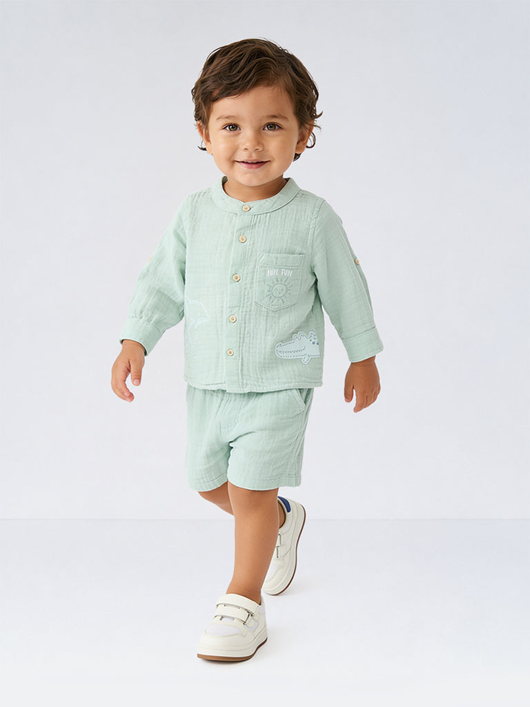 HOP Baby Boys Green Crinkle Cotton Shirt and Shorts Set