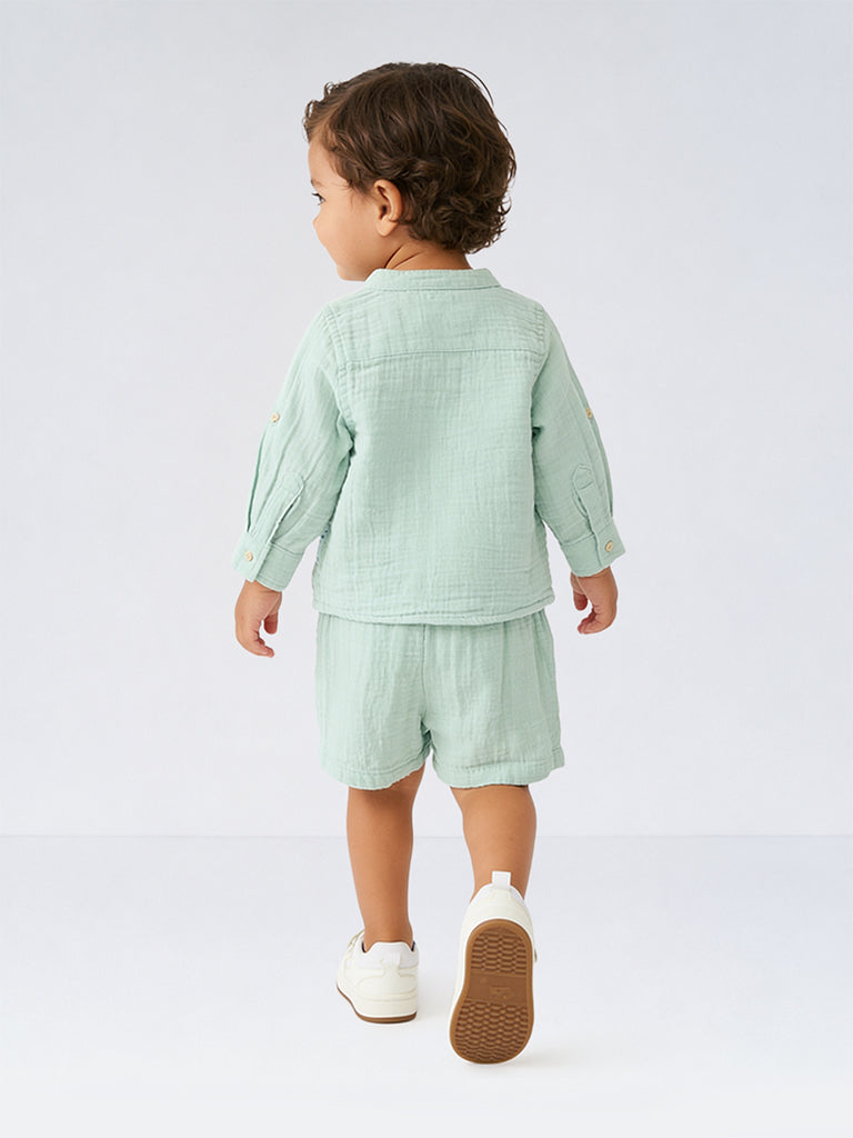 HOP Baby Boys Green Crinkle Cotton Shirt and Shorts Set