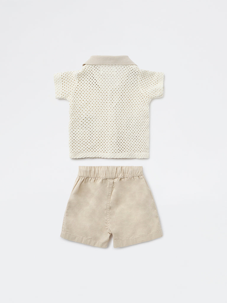 HOP Baby Boys White Crochet-Knit Cotton Shirt and Shorts Set