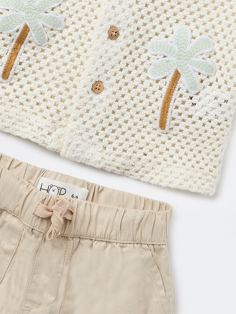 HOP Baby Boys White Crochet-Knit Cotton Shirt and Shorts Set
