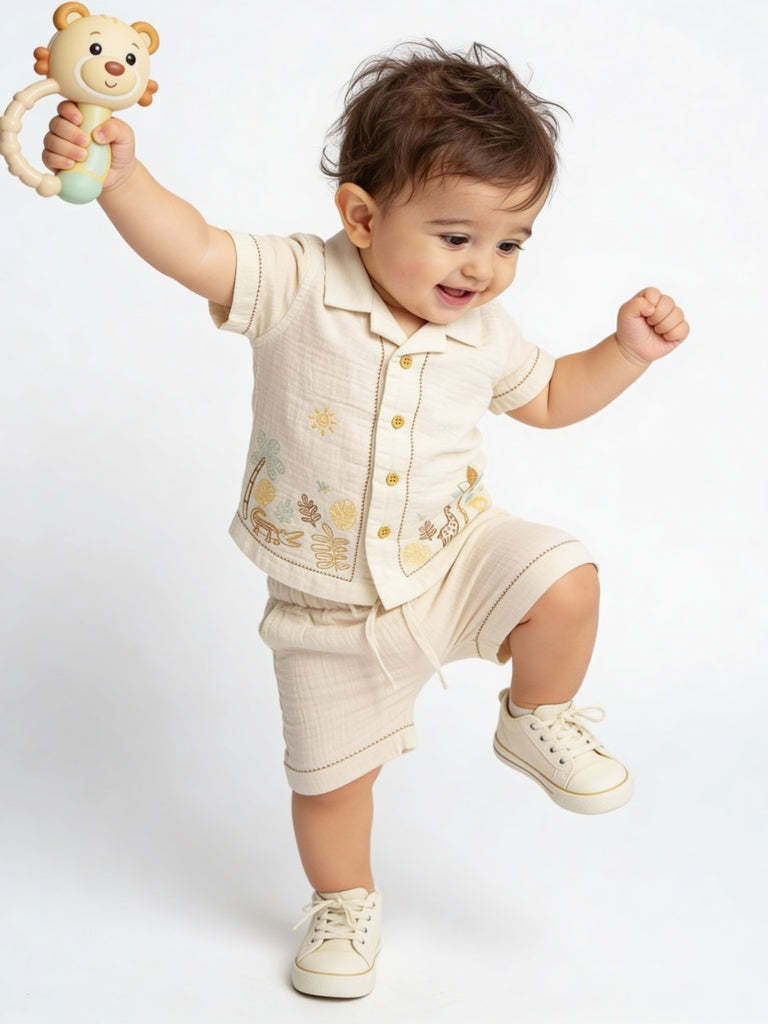HOP Baby Boys Light Beige Jungle-Themed Cotton Shirt and Shorts Set