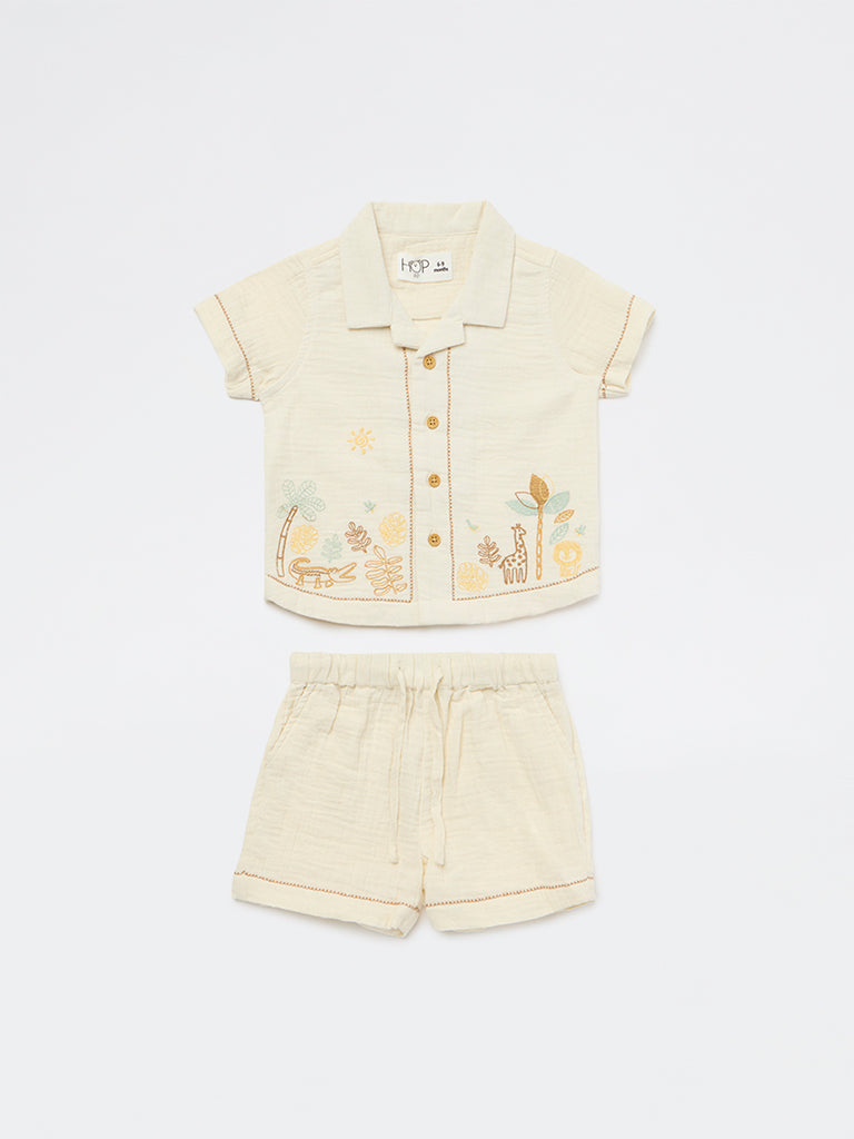 HOP Baby Boys Light Beige Jungle-Themed Cotton Shirt and Shorts Set