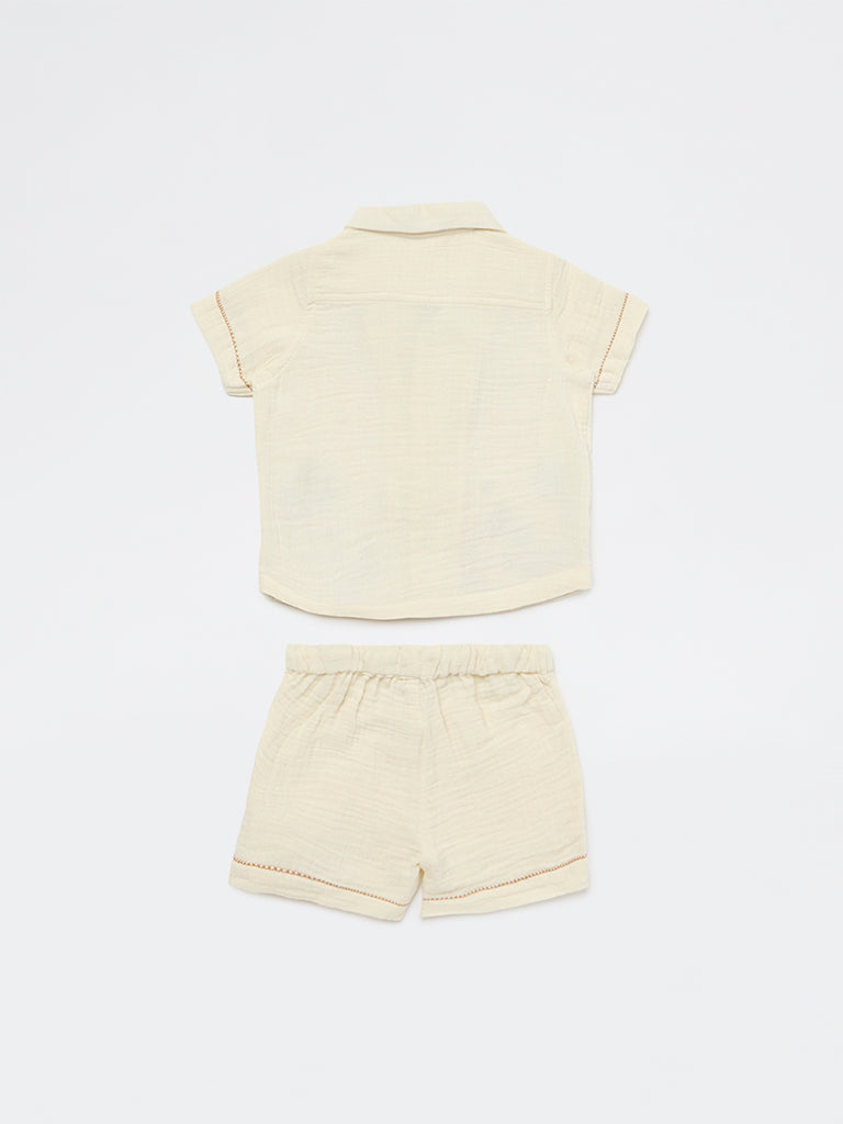 HOP Baby Boys Light Beige Jungle-Themed Cotton Shirt and Shorts Set