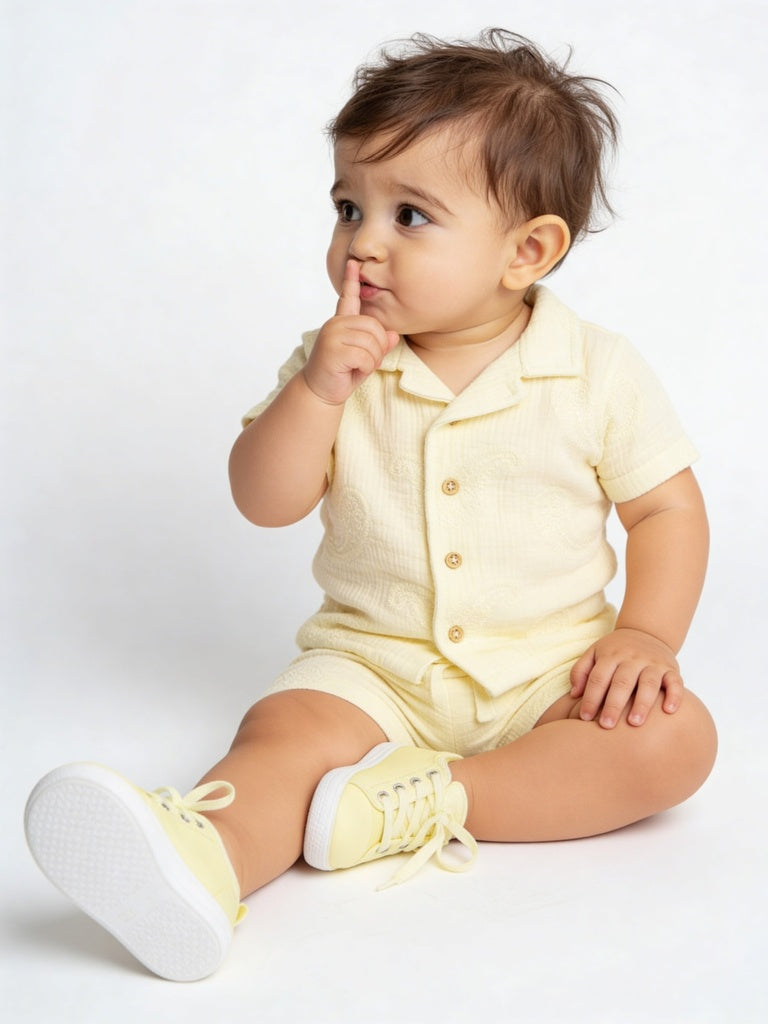 HOP Baby Boys Yellow Textured Cotton Shirt and Shorts Set
