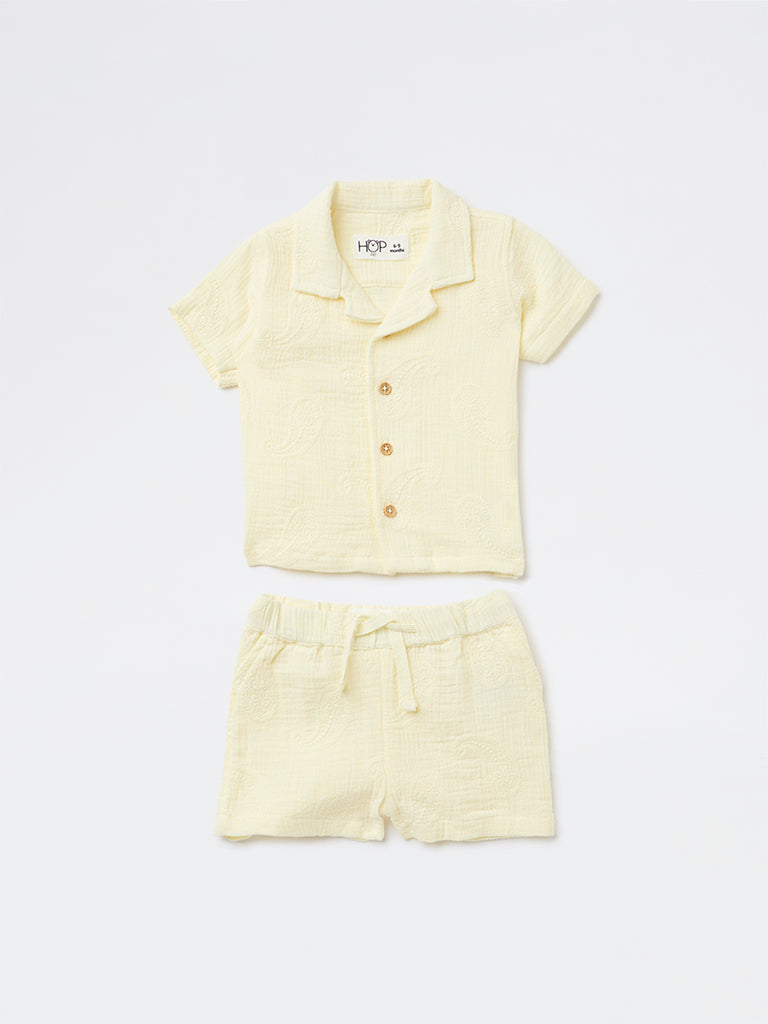 HOP Baby Boys Yellow Textured Cotton Shirt and Shorts Set