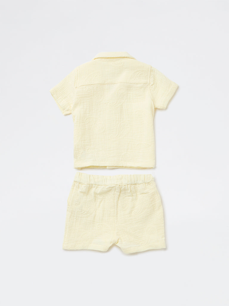 HOP Baby Boys Yellow Textured Cotton Shirt and Shorts Set