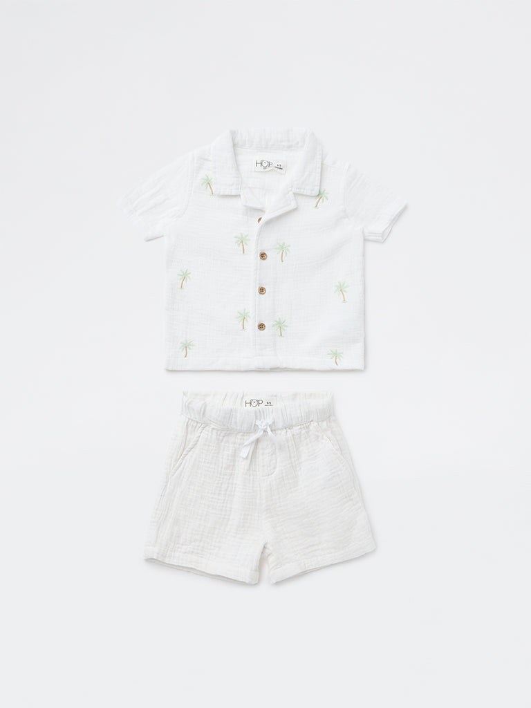 HOP Baby Boys White Embroidered Cotton Shirt and Shorts Set