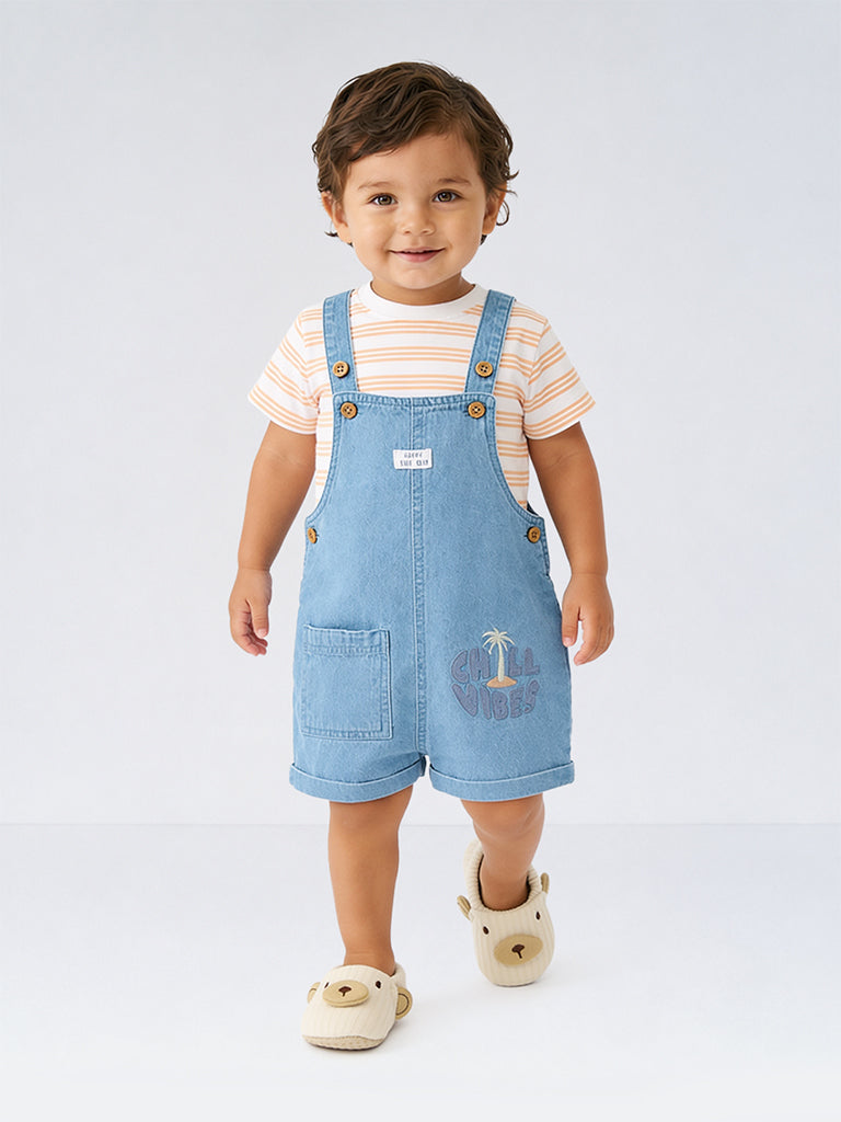 HOP Baby Boys Blue Denim Dungaree with T-Shirt Set