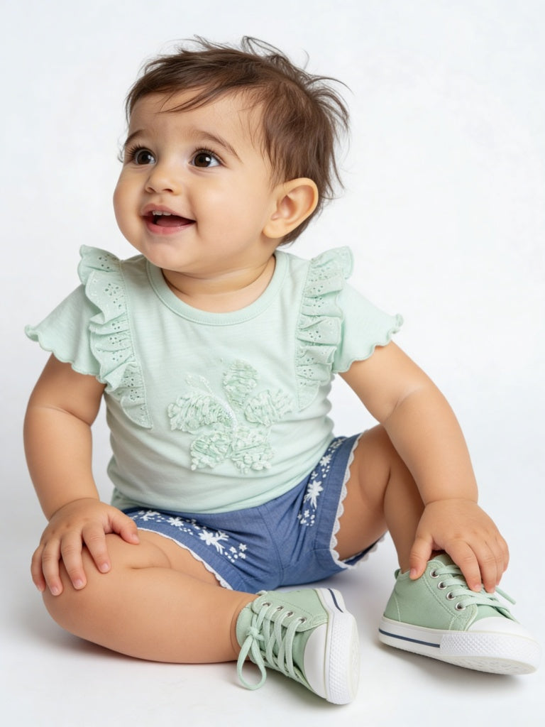 HOP Baby Girls Mint Floral Applique Cotton Top and Shorts Set