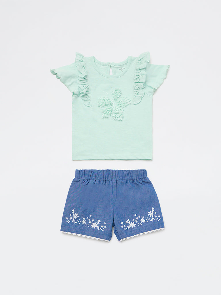 HOP Baby Girls Mint Floral Applique Cotton Top and Shorts Set