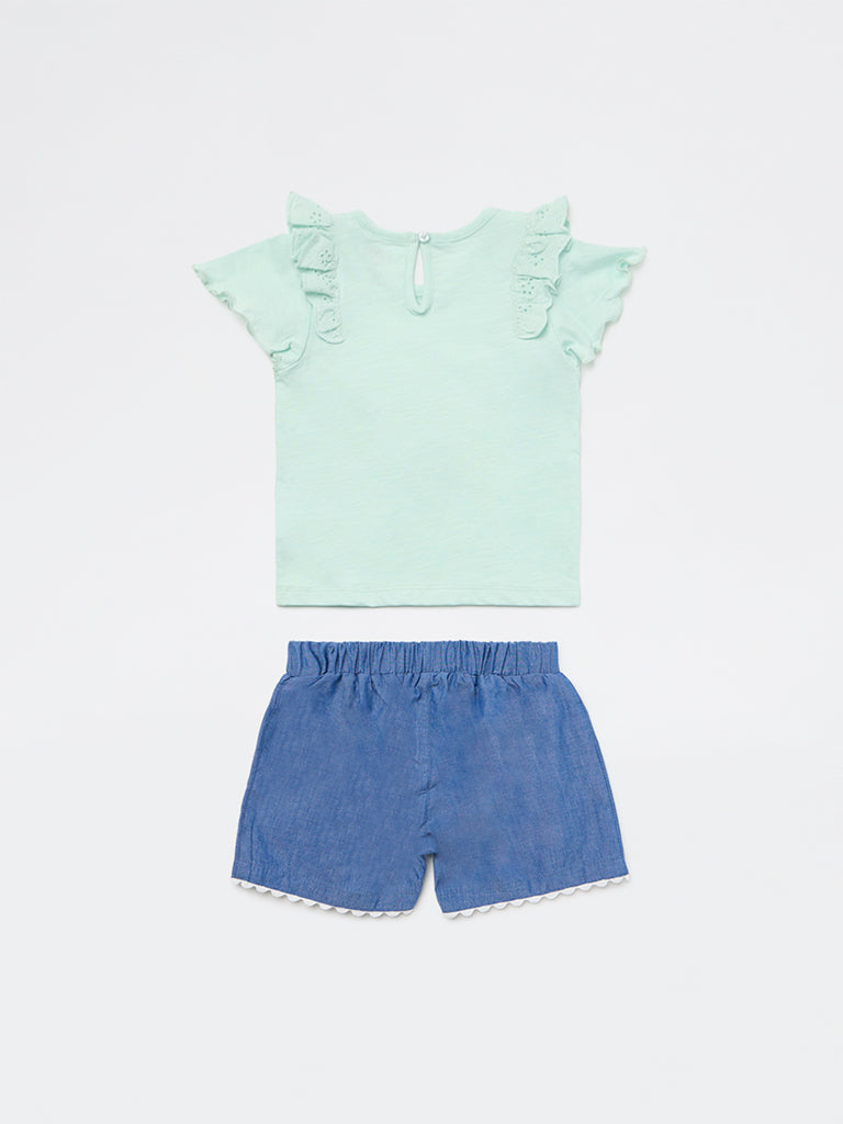 HOP Baby Girls Mint Floral Applique Cotton Top and Shorts Set