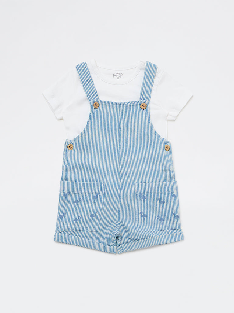 HOP Baby Girls Blue Striped Cotton Dungaree with T-Shirt Set