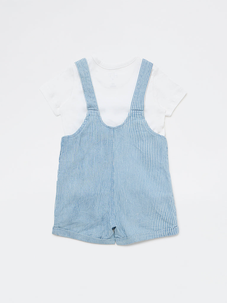 HOP Baby Girls Blue Striped Cotton Dungaree with T-Shirt Set