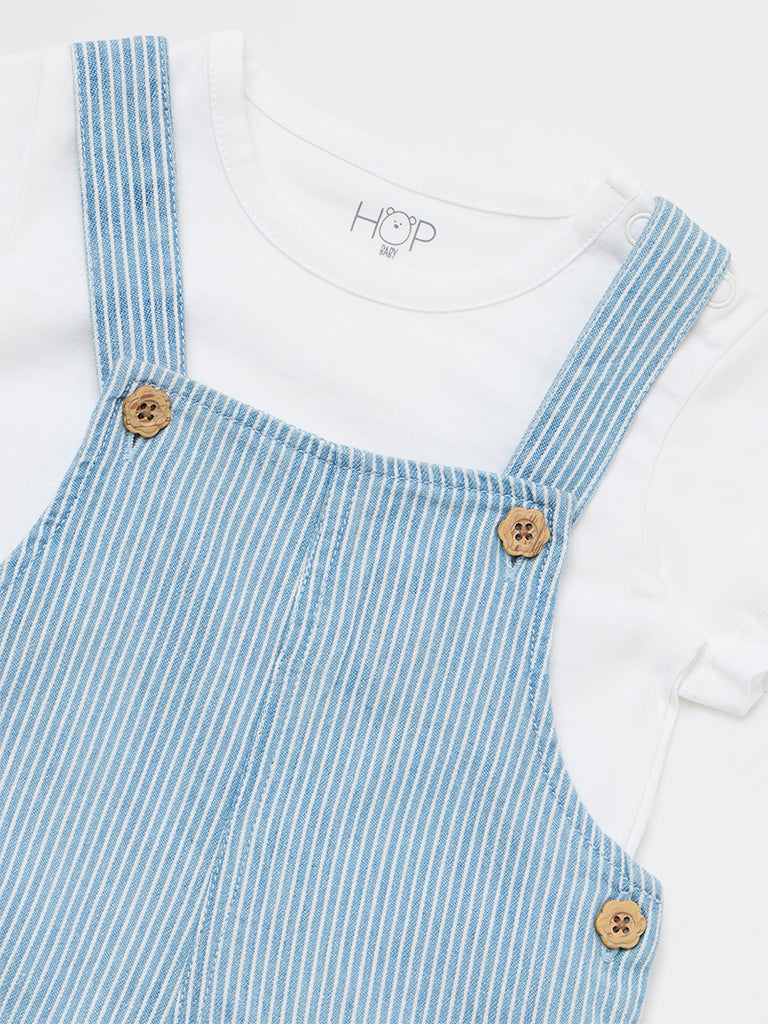 HOP Baby Girls Blue Striped Cotton Dungaree with T-Shirt Set